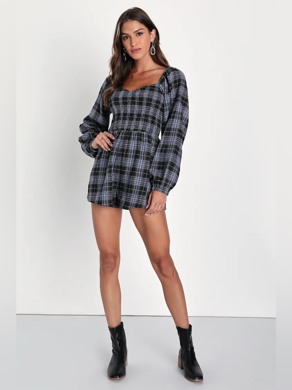 Lulus XS Blue Black Plaid Smocked Balloon Sleeve Romper